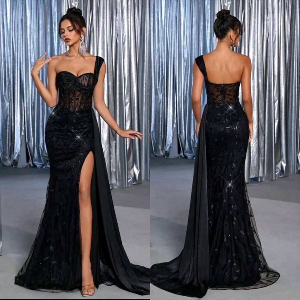 

Customized Fashion Black Tulle Homecoming Dress Exquisite Strapless One Shoulder Appliques Mermaid Zipper Back Robe de soirée