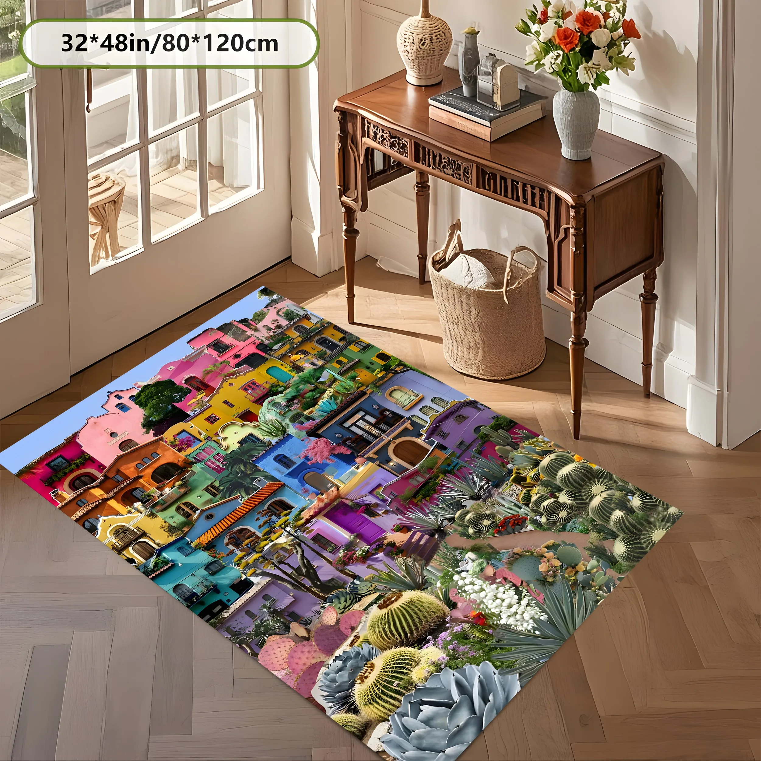 Large Area Rug Colorful Fairy Tale Town Cactus Print Soft Velvet Living Room Bedroom Home Decor Area Rug