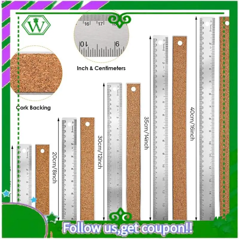 Reliable-5Pcs Cork Backed Ruler Stainless Steel Ruler, 6/8/12/14/16 Inch Metal Ruler,Straight Edge Ruler Non-Slip Metal Rulers