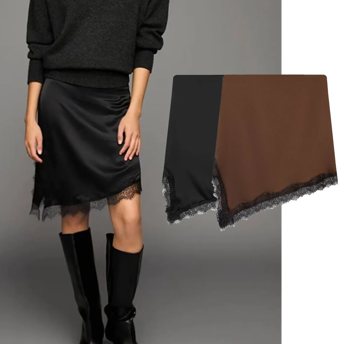 

Jenny&Dave French Skirt Woman Clothing Faldas Skirts Fashion Women's Lace Satin Half Skirt Asymmetric Mini Half Skirt 2026 Summe