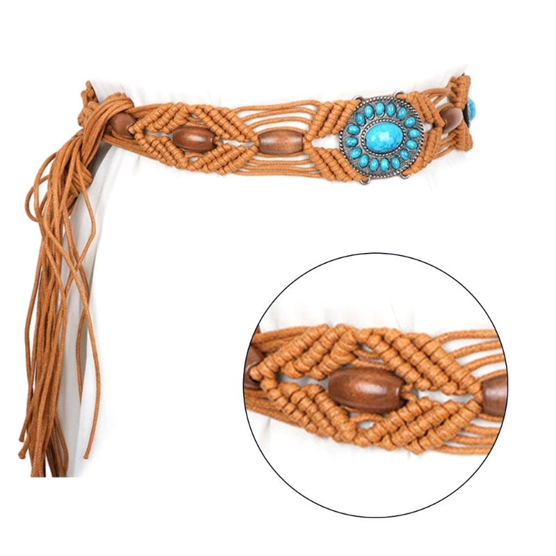 Y1UB Wooden Bead Waist Rope Y2K Waist Rope Womens Waist Chain Braided Tassels Belt