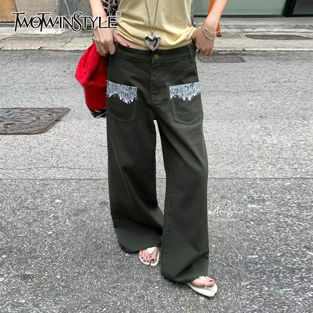 

TWOTWINSTYLE Armygreen сращенные кружевные брюки женские с высокой талией свободная уличная одежда женские широкие брюки осенний стиль новая мода