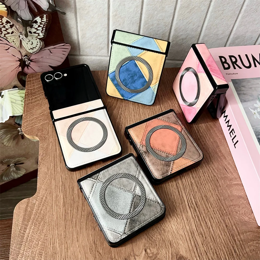 สีสัน Splicing หนังแม่เหล็กสําหรับ Samsung Z Flip 7 6 5 zflip 4 3 5G สําหรับ Magsafe ไร้สายชาร์จบานพับฝาครอบ