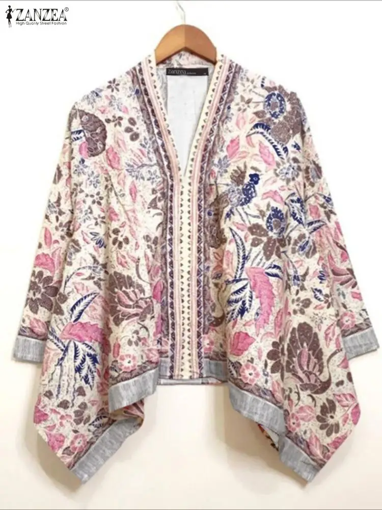 

ZANZEA Bohemian Floral Print Women Blouses Autumn Vacation V-Neck Three Quarter Sleeve Loose Oversize Tops Beach Cover Up 3XL