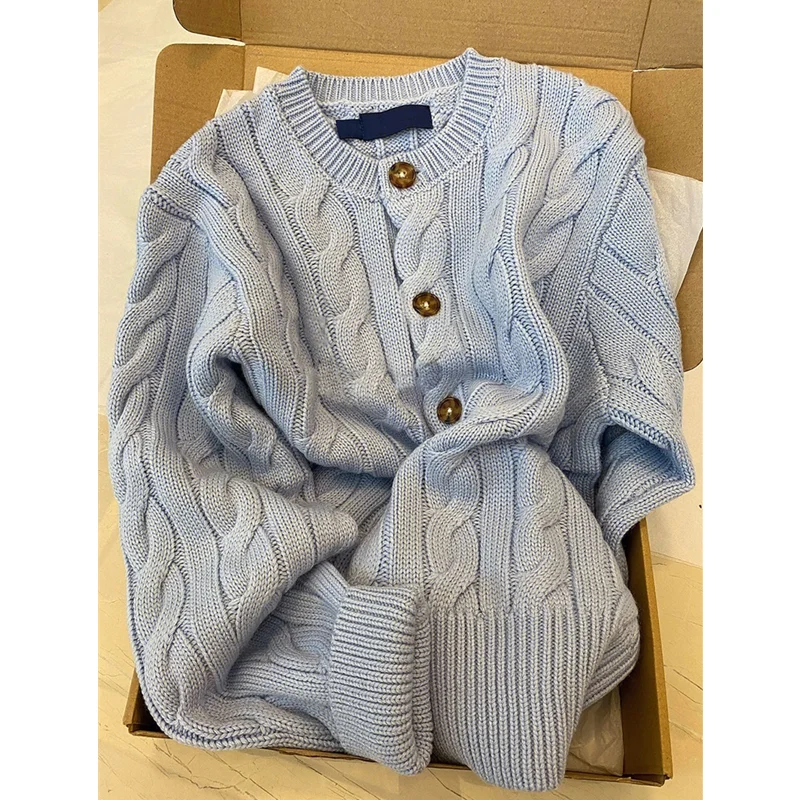 Women's 2022 New Style Design Sense Fried Dough Twist Blue Sweater Temperament Versatile Comfortable Knitted Cardigan Autumn