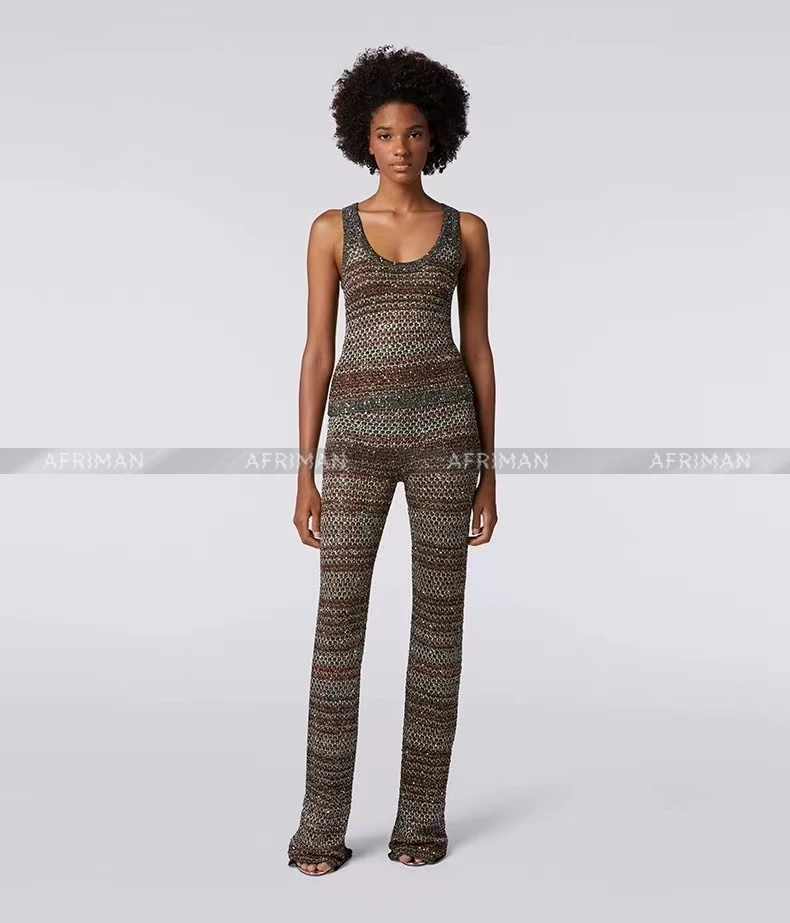 Women Sequined Striped Knitted Tank Vest Top+ Wide Leg Long Pants Set