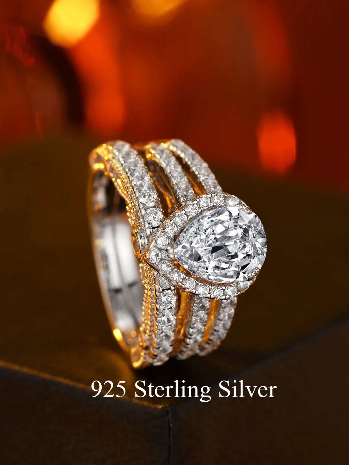

925 Sterling Silver Lady's Ring, Luxurious Teardrop Pear-shaped Design, Two-piece Set, Fully Set With 5A Zirconia.