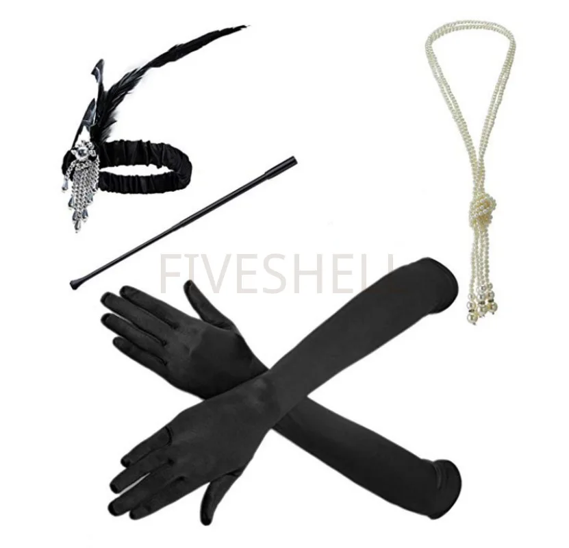 4 Stück Set 1920s Zubehör große Gatsby Kostüm zubehör Set 20s Flapper Stirnband Perlenkette Zigaretten spitze Handschuhe 4