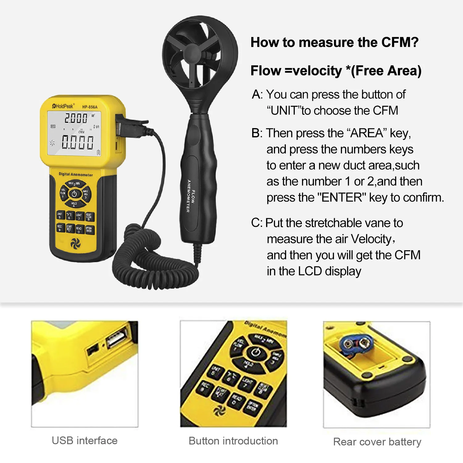 HoldPeak HP-856A 0.001 Counts Digital Anemometer,PC Data Record /Handheld Wind Speed Air Volume with Logger,Carry Case