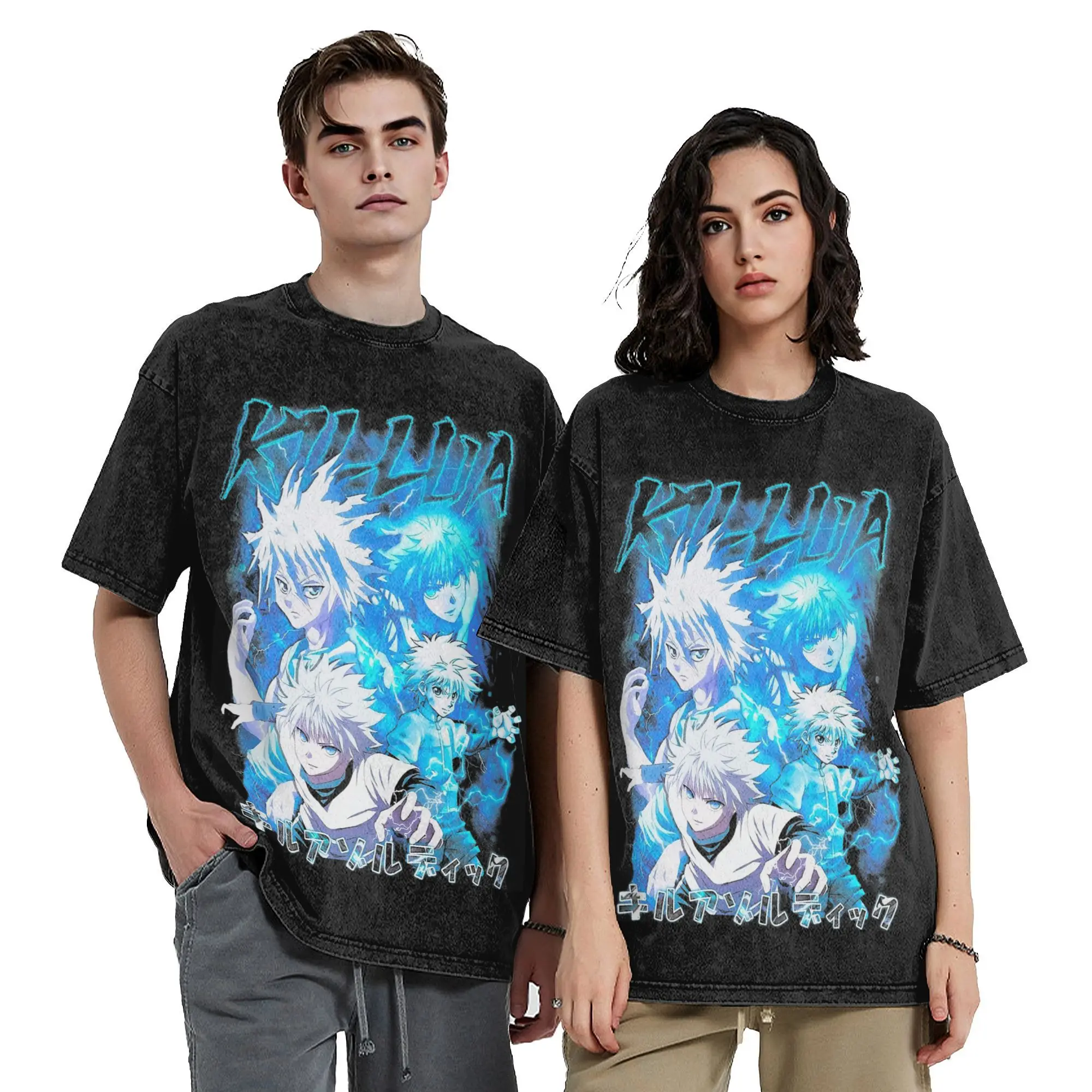 Washed T Shirt Killua Zoldyck Anime HXH Hip Hop T-Shirt Hunter X Hunter Streetwear 100% Cotton Printed Tops Tees for Men Women