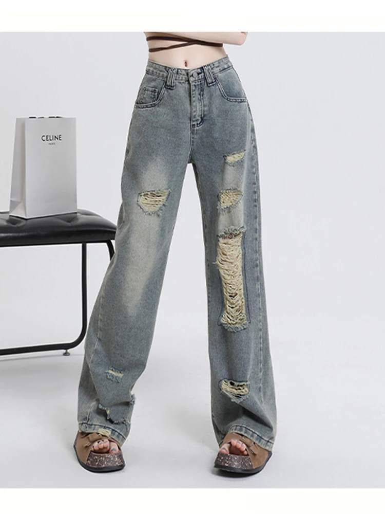 Blue Harajuku Y2K High Waist Vintage Jean Pants Streetwear Style Ripped Trouser Summer Women Wide Leg Wash Denim Trouser