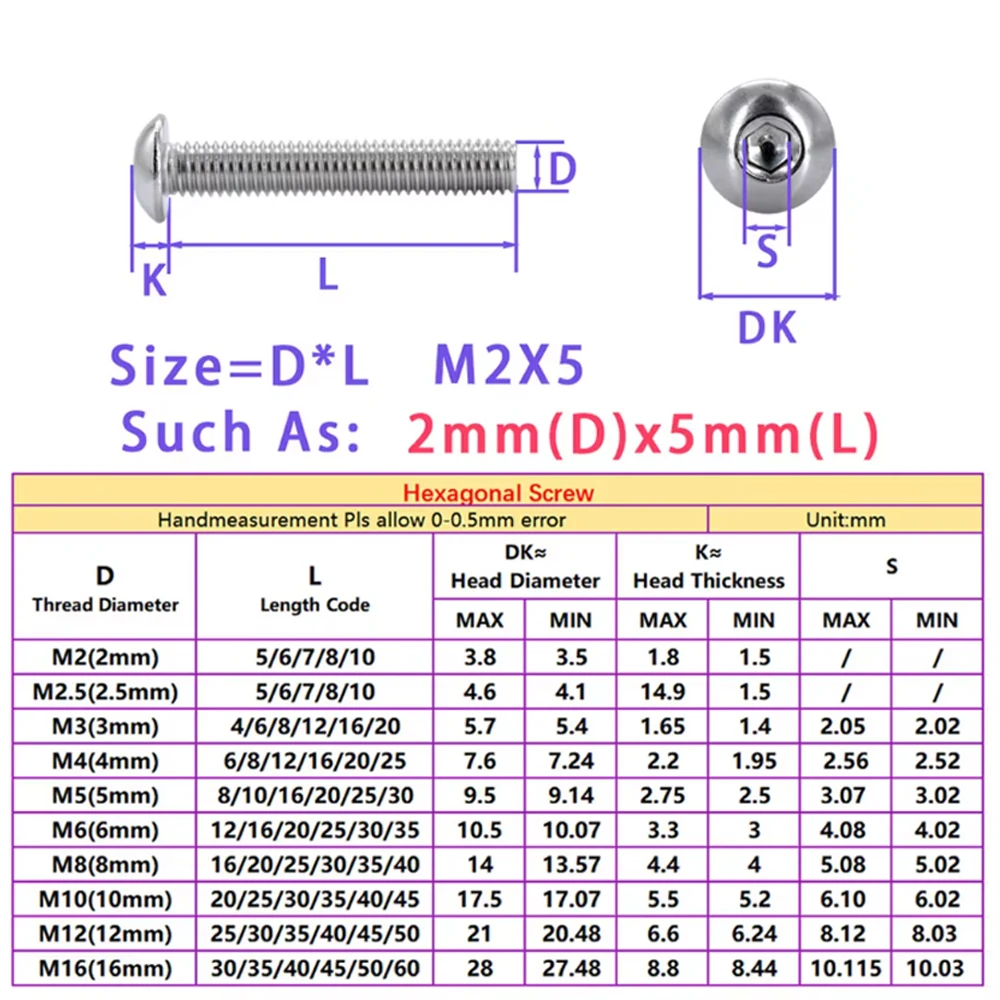 304 Stainless Steel Round Head Hexagon Hex Socket Bolt Screws ISO7380 Metal Machine Thread Screw M2 M2.5 M3 M4 M5 M6 M8 M10 M12