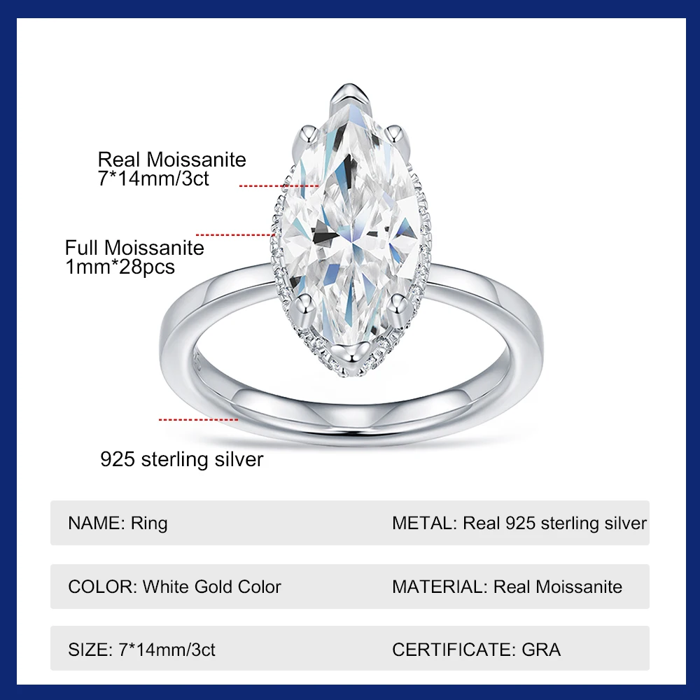 Real 925 Silver All Moissanite Wedding Ring GRA Certified 1CT-3CT Marquise Cut Moissanite Diamond Engagement Ring for Women