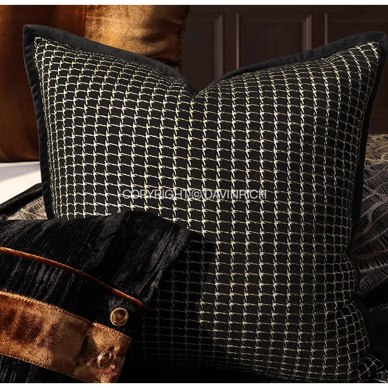 DAVINRICH Luxury Black Gray Grid Pattern Vintage Textile Cushion Cover  Willow Square Throw Pillow Case For Living Room Sofa Bed