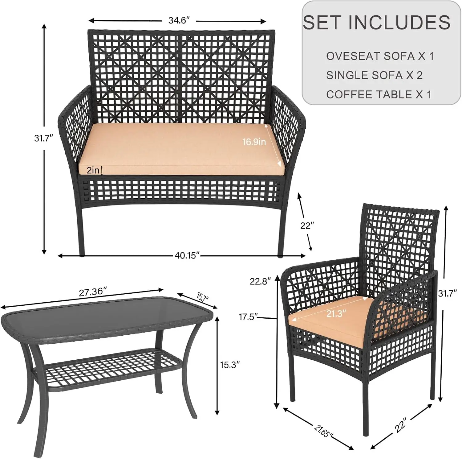 Set di mobili da giardino per esterni da 4 pezzi, divanetto in vimini con tavolino da caffè, cuscini beige