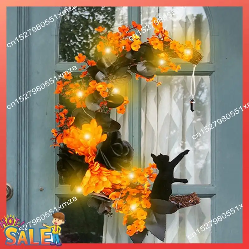 ABCL Ghirlanda per gatti illuminata con ghirlanda per porta lunare di Halloween con rose nere e fiori gialli per bomboniere sulla porta d'ingresso