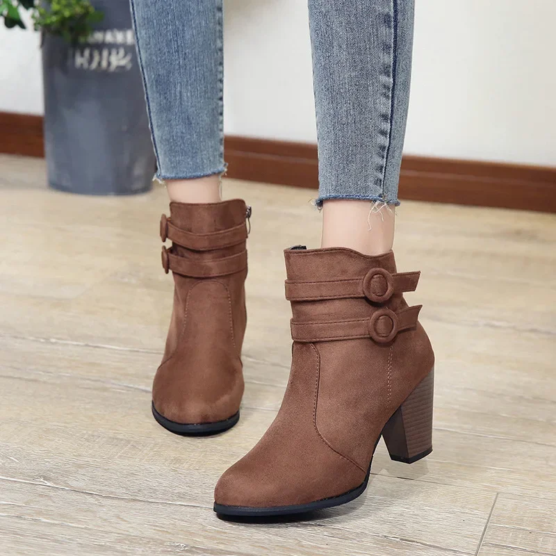 Thick High Heels Ankle Boots Women 2025 Pointed Toe Keep Warm Elegant Short Booties Side Zipper Boots for Woman Buckle Decor