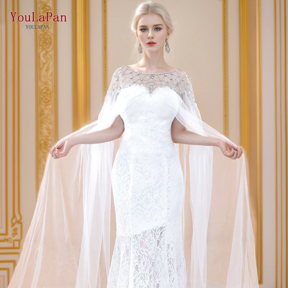 

YouLaPan G14T Bridal Cloak Wedding Jacket Tulle Appliqued Diamond Wedding Bolero Cape Rhinestones Cathedral Long Bridal DIYShawl