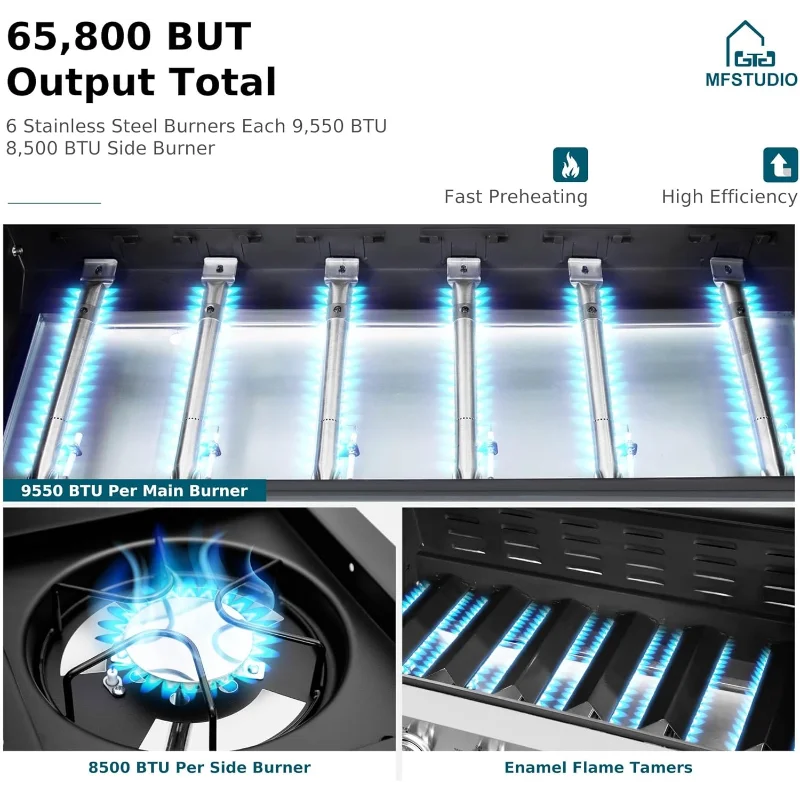 MFSTUDIO 6-Burner Propane Gas Grill, Stainless Steel BBQ Grill with Side Burner and Porcelain-Enameled Cast Iron Grates