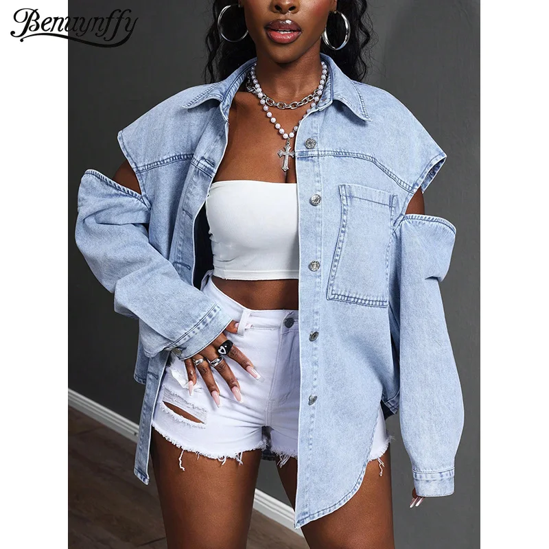 

Benuynffy Fashion Cutout Long Sleeve Denim Jackets Women Spring Fall Single Breasted Pockets Casual Loose Female Jeans Coat