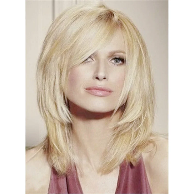 

Blonde Short Hair Wig With Bangs Synthetic Layered Hair Cosplay Blonde Wigs USA