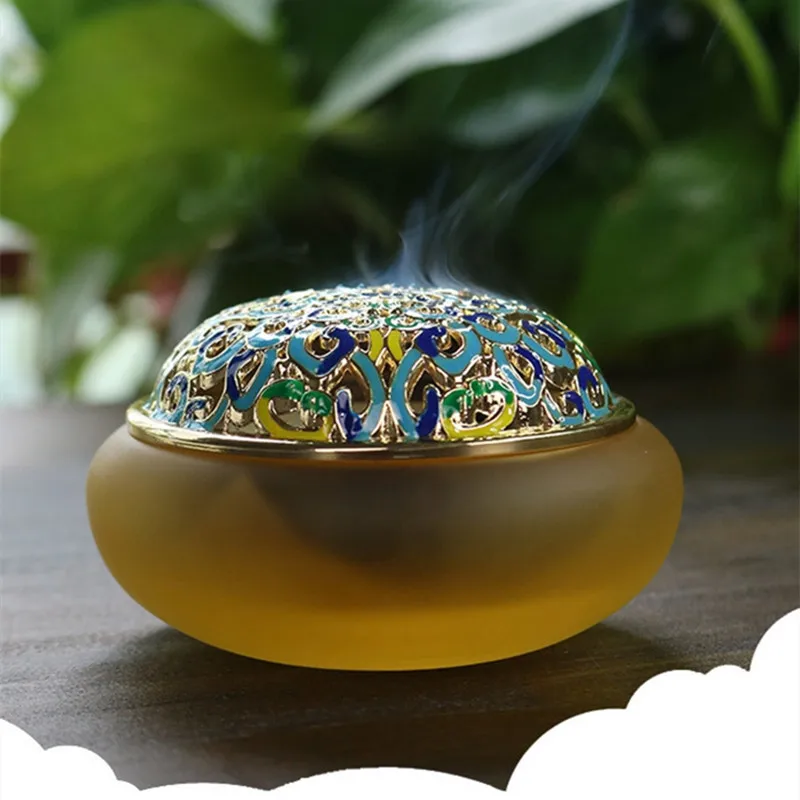 

Zen Yue Buddha Art Glass Auspicious Incense Burner Enamel Color Copper Cover Incense Burner Decoration Creative Incense Gift
