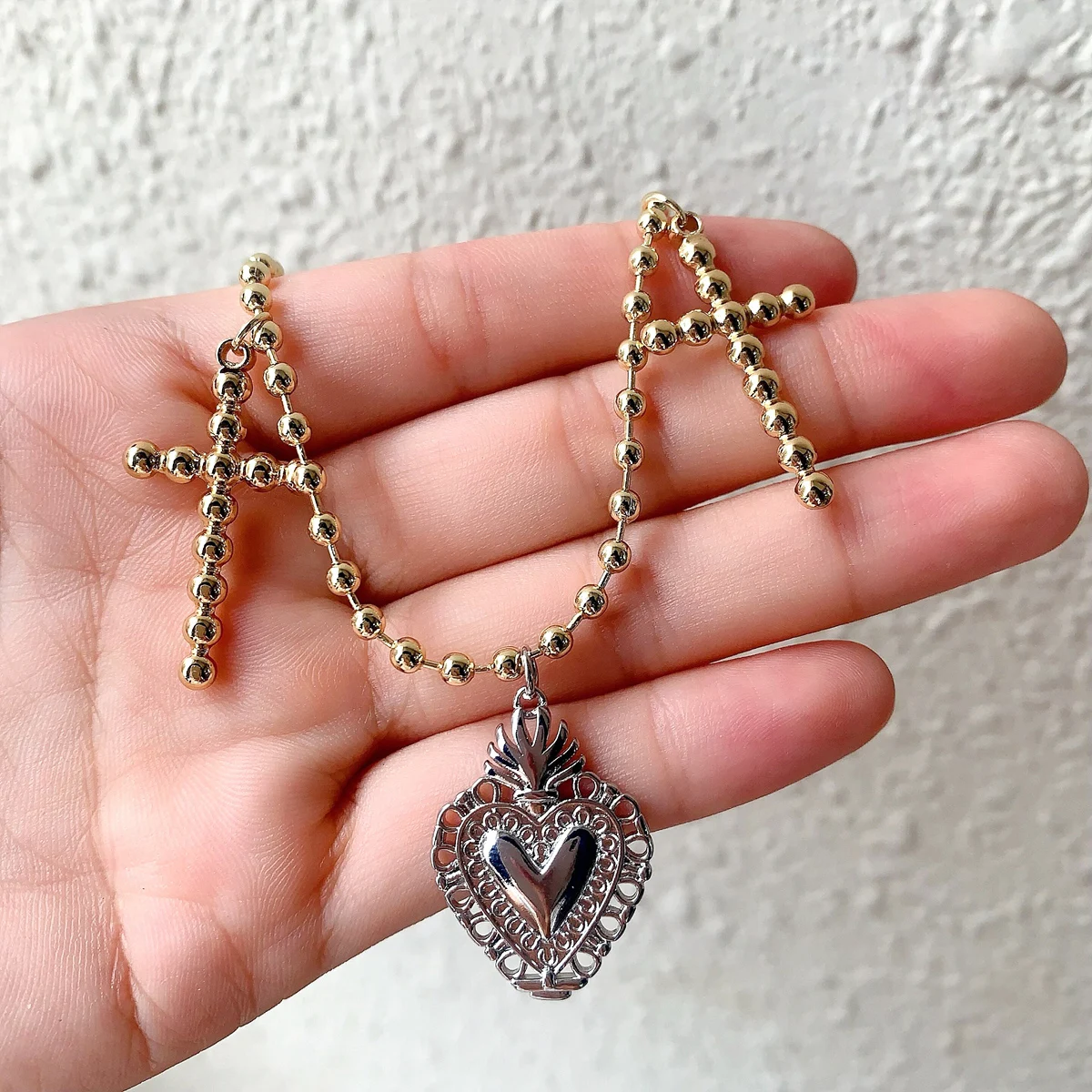 

5PCS, Gold Color Cross Heart Pendant Necklace Bead Paperclip Chain Women Jewelry
