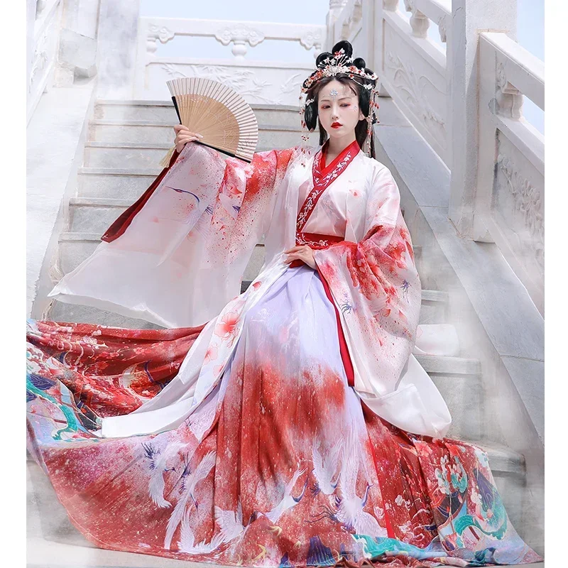 Chinese Style Hanfu Red Purple White Cosplay Costumes Dresses For Woman Stage Wear Folk Dance Robe Cross-Ccollar Graduatio