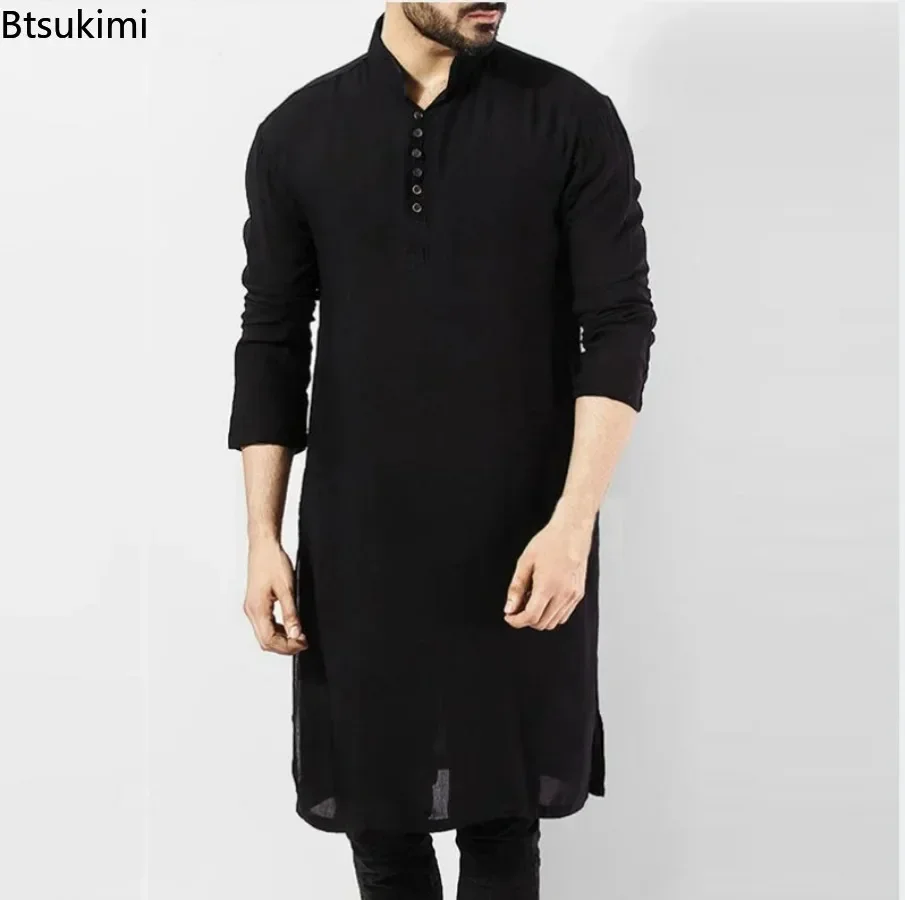 

New 2026 Islamic Clothing for Men Muslim Fashion Robe Solid Long Sleeve Arabic Saudi Kaftan Simple Casual Shirts Men Jubba Thobe