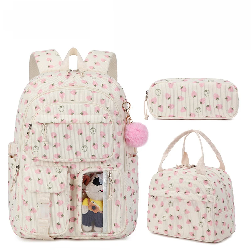 Conjunto de 3 peças: Mochila escolar de veludo com lancheira e estojo, mochila escolar fofa para meninas, mochila com estampa de morango para adolescentes e mulheres.