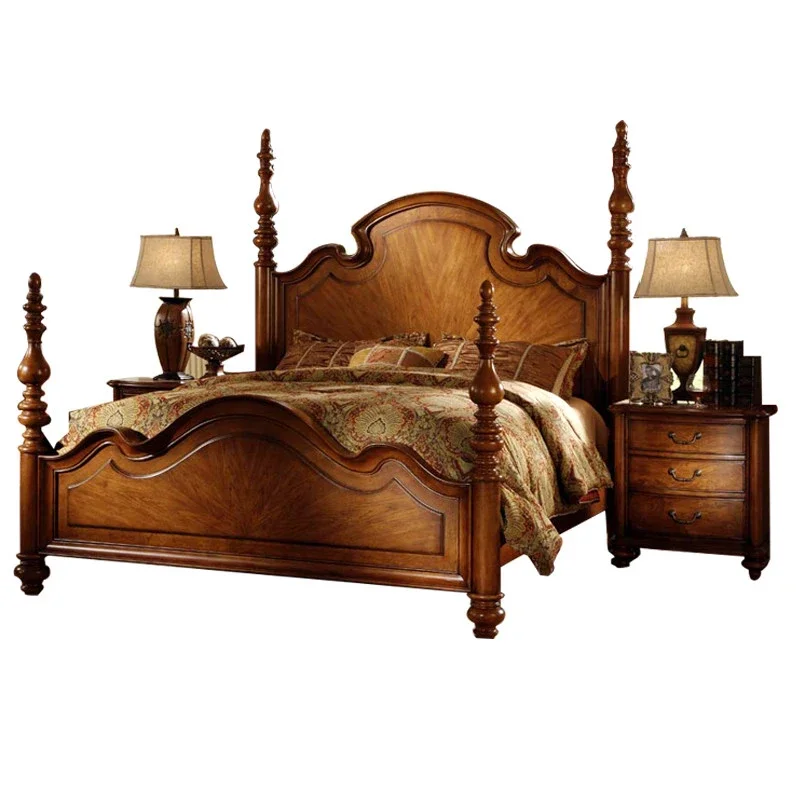 

American solid wood bed master bedroom double European retro big bed luxury pillar high column emperor