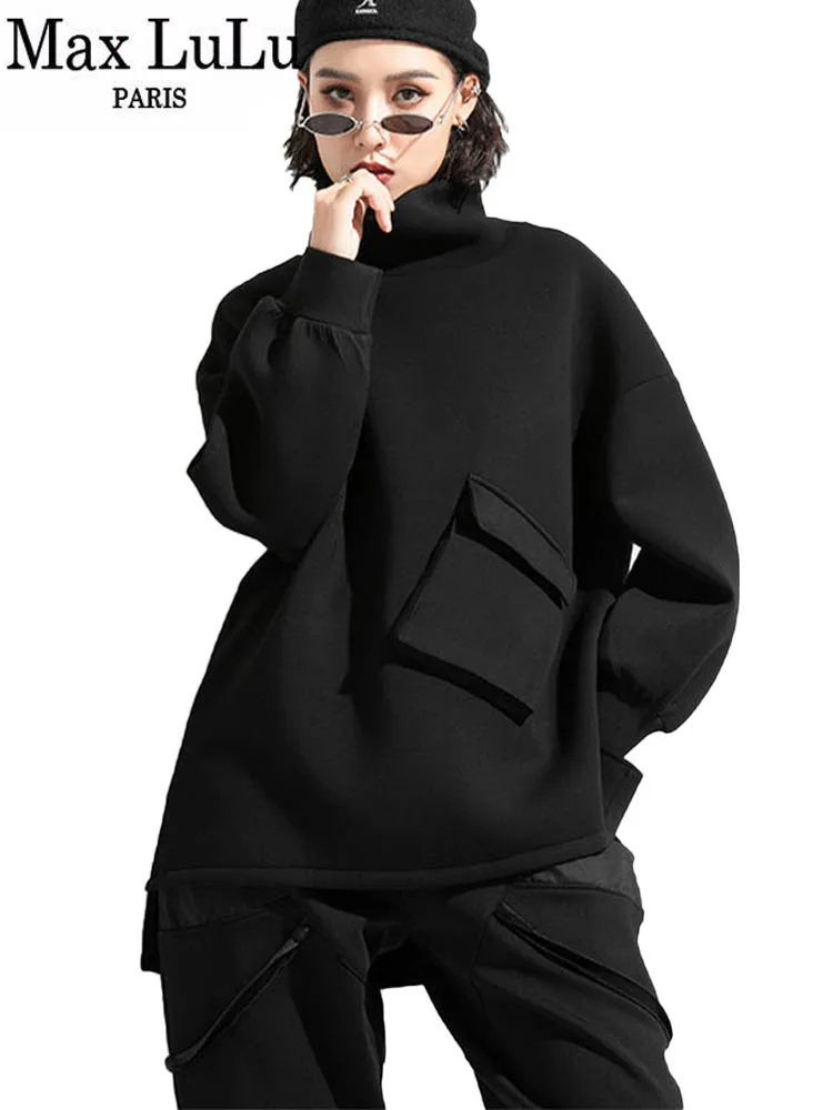 Max LuLu 2022 Winter Korean Fashion Womens Trueleneck Clothes Ladies Punk Black Loose Hoodies Vintage Luxury Warm Sweatshirts