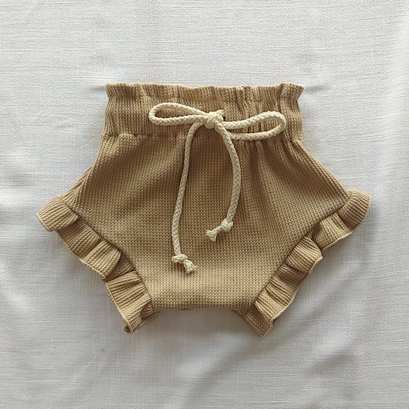 New Baby Casual Shorts Summer Korea Baby Girl Clothing Fashion Drawstring Design Waffle Elastic Solid Color Ruffle Bloomers