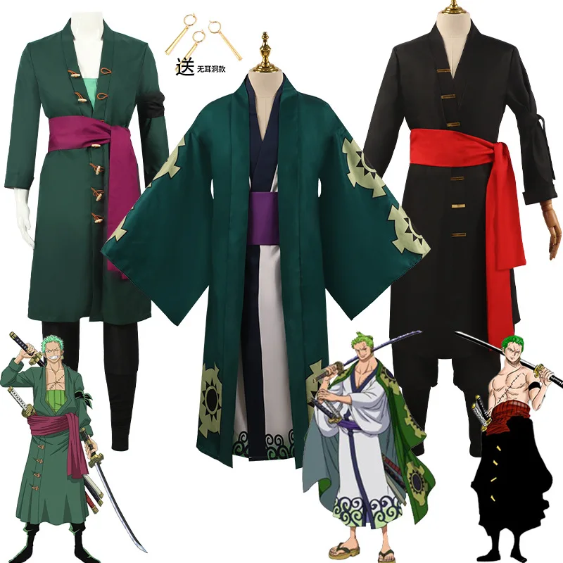 

One Piece Roronoa Zoro Cosplay Costume Kimono Halloween Uniform Outfit Role Play Party Black Green Hanfu Bathrobe Cos Clothing