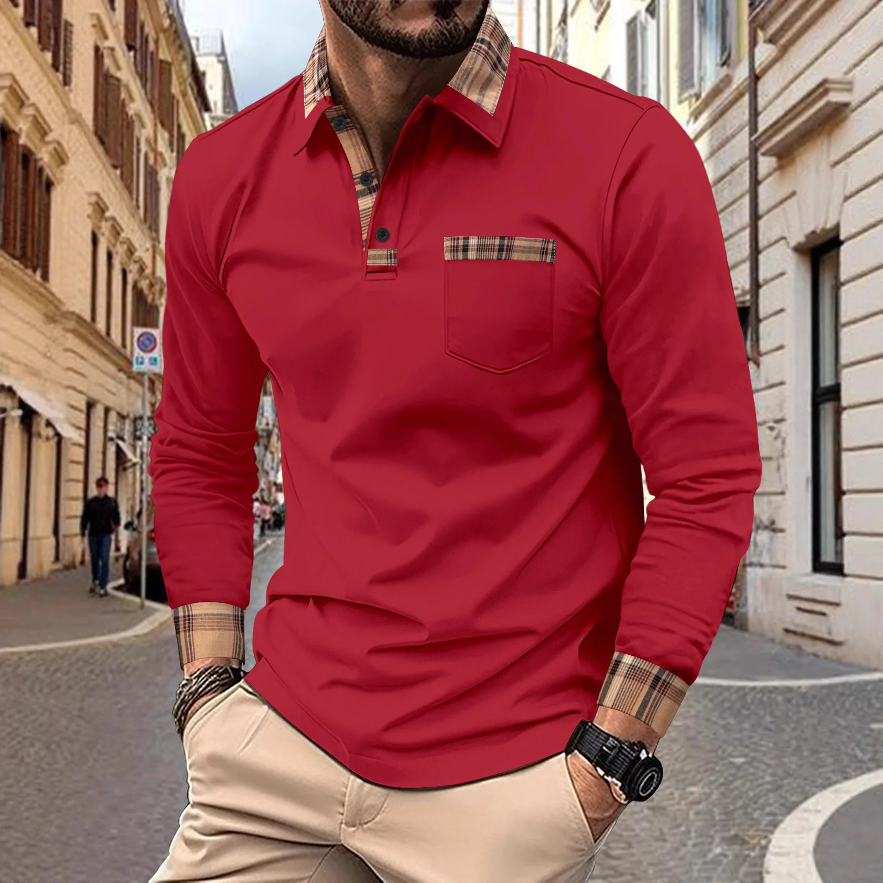 

New men's casual spring and fall fashion plaid lapel long sleeve pocket comfortable party outdoor top polo shirt