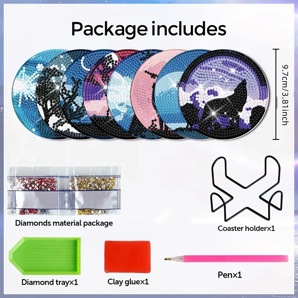 8 pieces/set of animal wolf diamond painting coaster set, DIY coaster with holder, beginner and adult diamond craft gift