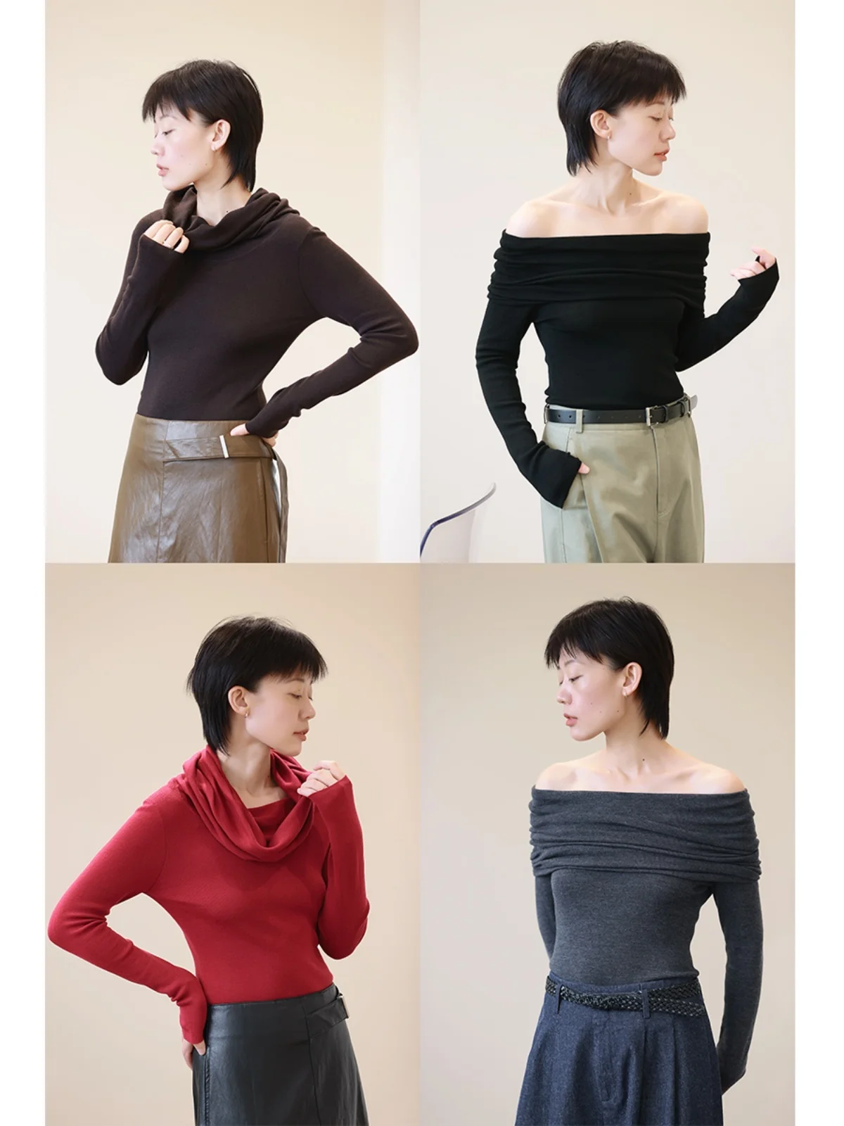 

Slimming Merino Wool Knitwear Two-Way Wear oulder Baring Base irt for Women Commute Sle Autumn New Arrival Top