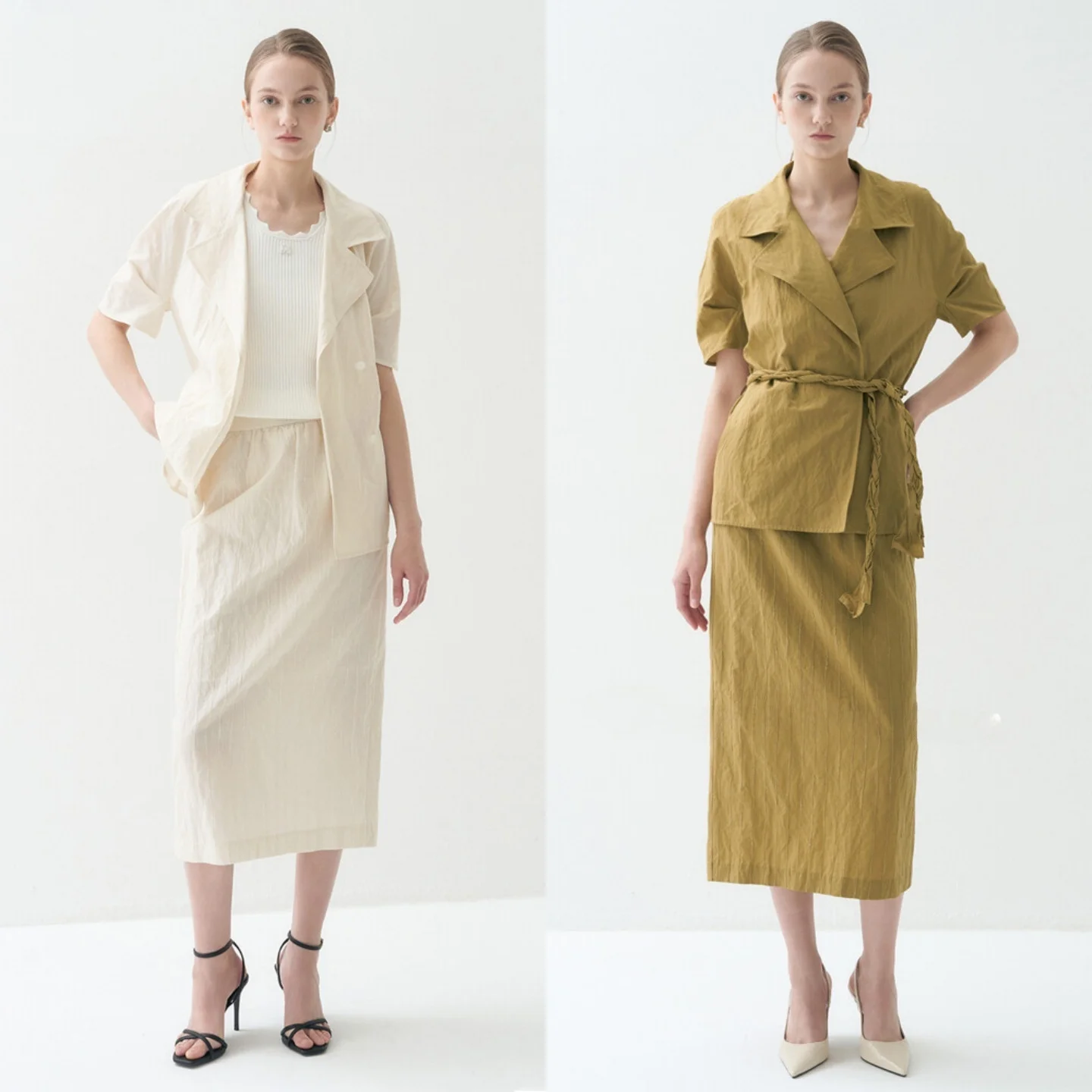 Slimming Short Sleeve Suit Skirt Set with Woven Belt Commute Versatile Top Half Skirt Business Casual Pure Color Women's Outfit