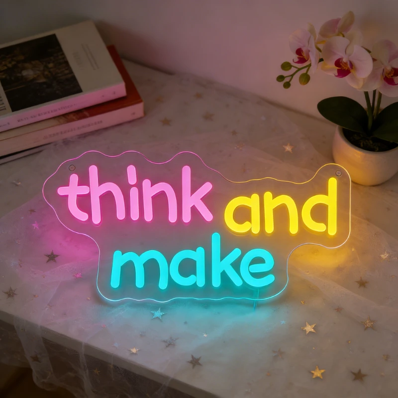 

Неоновая вывеска LED «Think and Make»: креативный декор для дома, офиса, спальни, вдохновляющее настенное освещение для зоны творчества и DIY-пространства