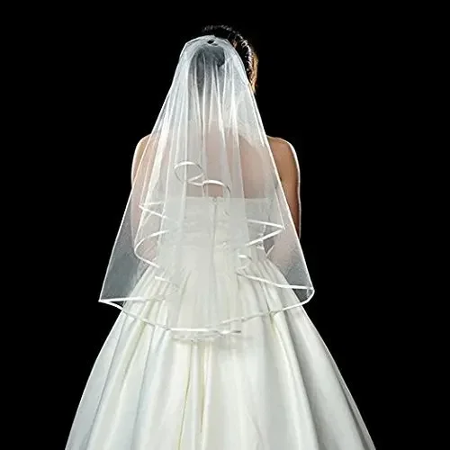 White Double Ribbon Edge Center Cascade Bridal Wedding Veil with Comb 2024