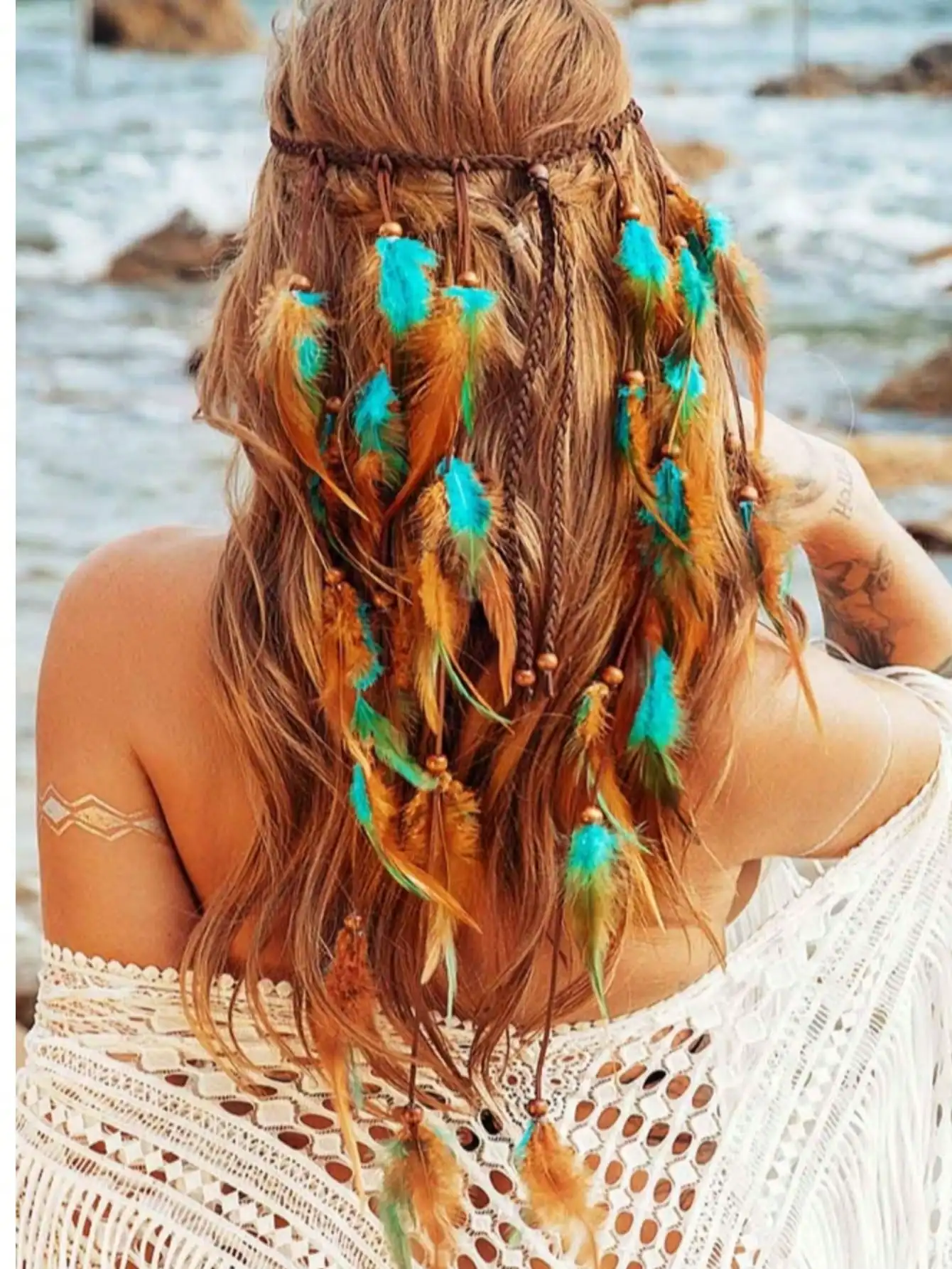 

Boho Feather Headband For Women Bohemian Hair Accessories Rainbow Color Festival Hair Band