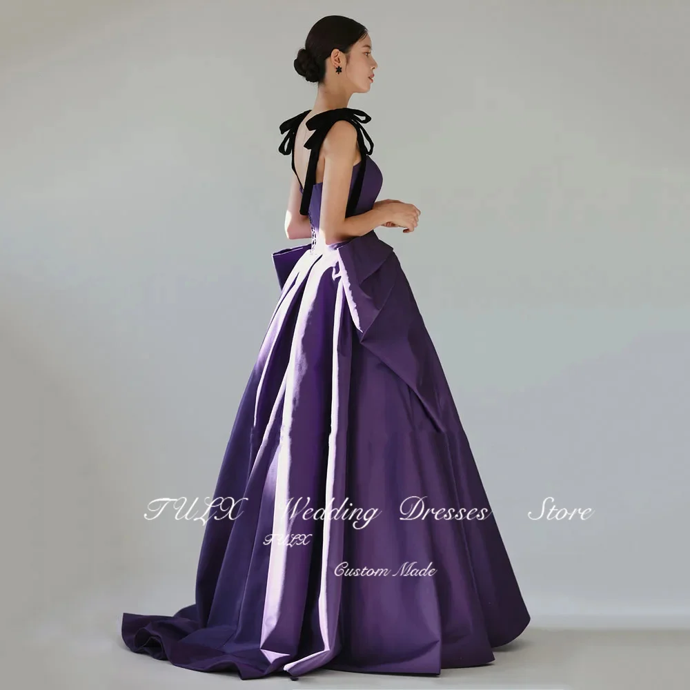 TULX Square Neck Purple Korea Evening Dresses Black Straps Satin Evening Gown Photo Shoot Corset Sleeveless Birthday Party Dress