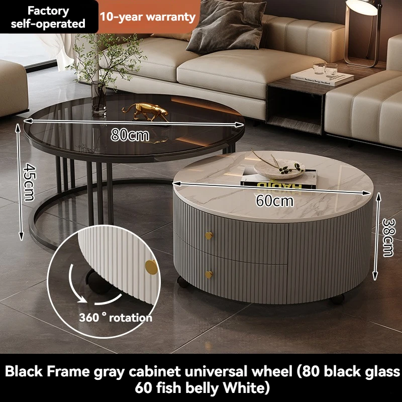 For Modern Round Nesting Coffee Table Fluted with Drawer for Home Living Room 31.5'' Extendable Coffee Table with Storage&Wheels