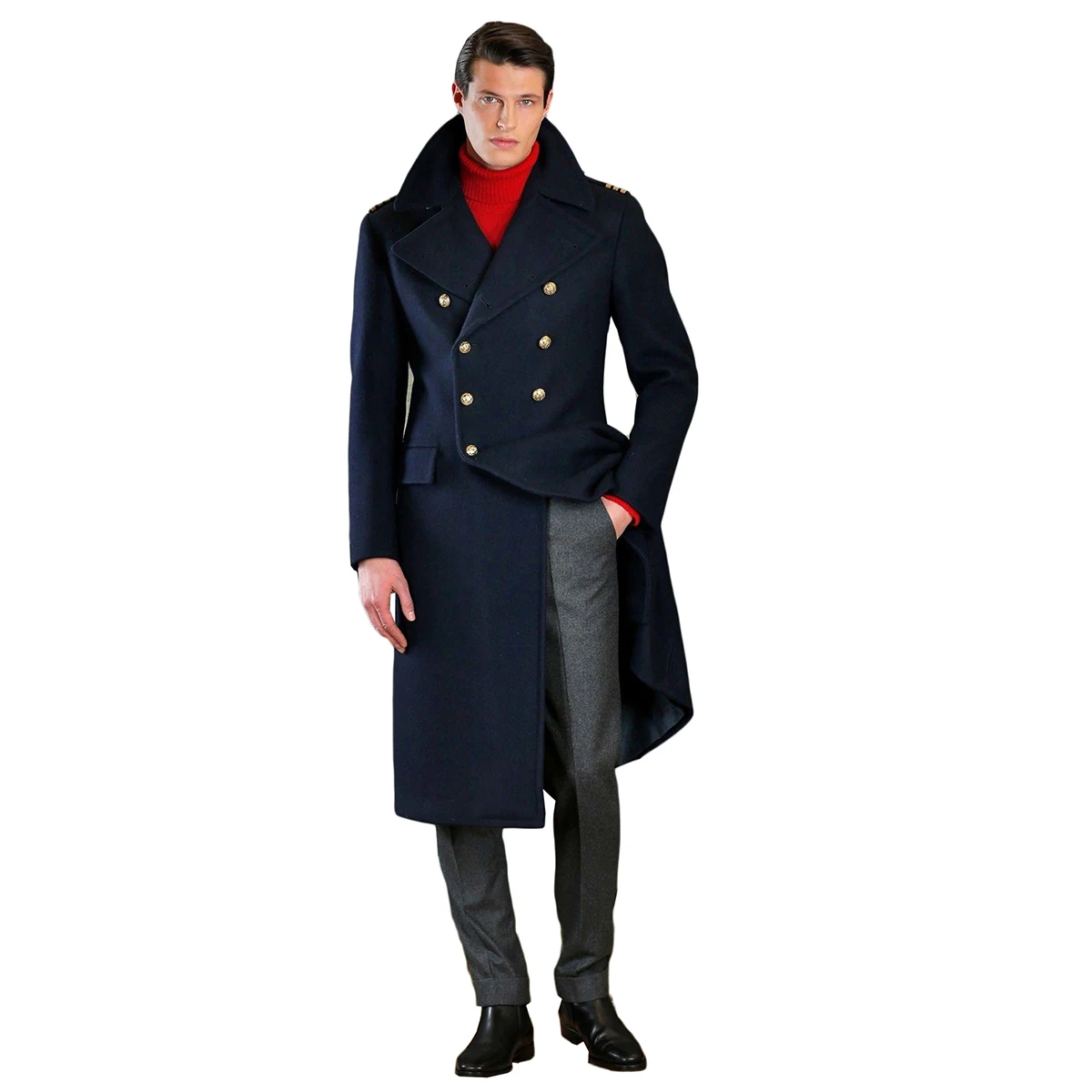 Navy Men\'s Suits Tailored One Piece Long Coat Double Breasted Peaked Lapel Tuxedo Woolen Overcoat Formal Plus Size Custom Made