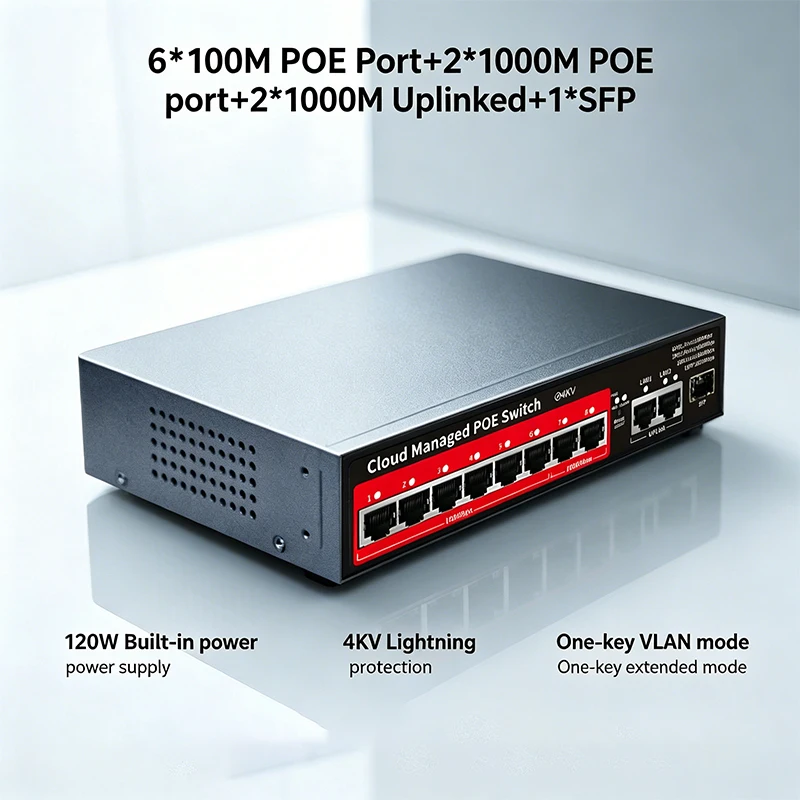 

120W Cloud PoE Switch, 6x100M PoE + 2x1000M + 1 SFP, 4KV Lightning Protection, One-Key VLAN & Extend Mode, APP/PC/WEB Management