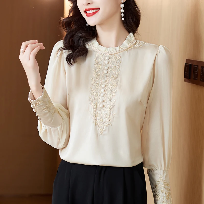 Spring Autumn Women\'s Solid Ruffled Neck Chiffon Button Lace Embroidered Lantern Long Sleeve T-shirt Casual Fashion Elegant Tops