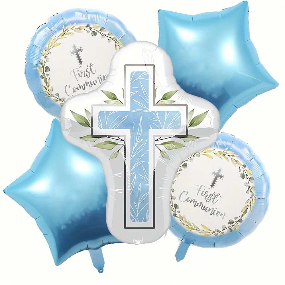 5-delige communie- en doopballonnenset, aluminiumfolie ballonnen voor de eerste communie, kruisdoopfeestballonnen, geschikt voor eerste communie- en doopfeesten, God Bless doopherdenkingsdecoraties en