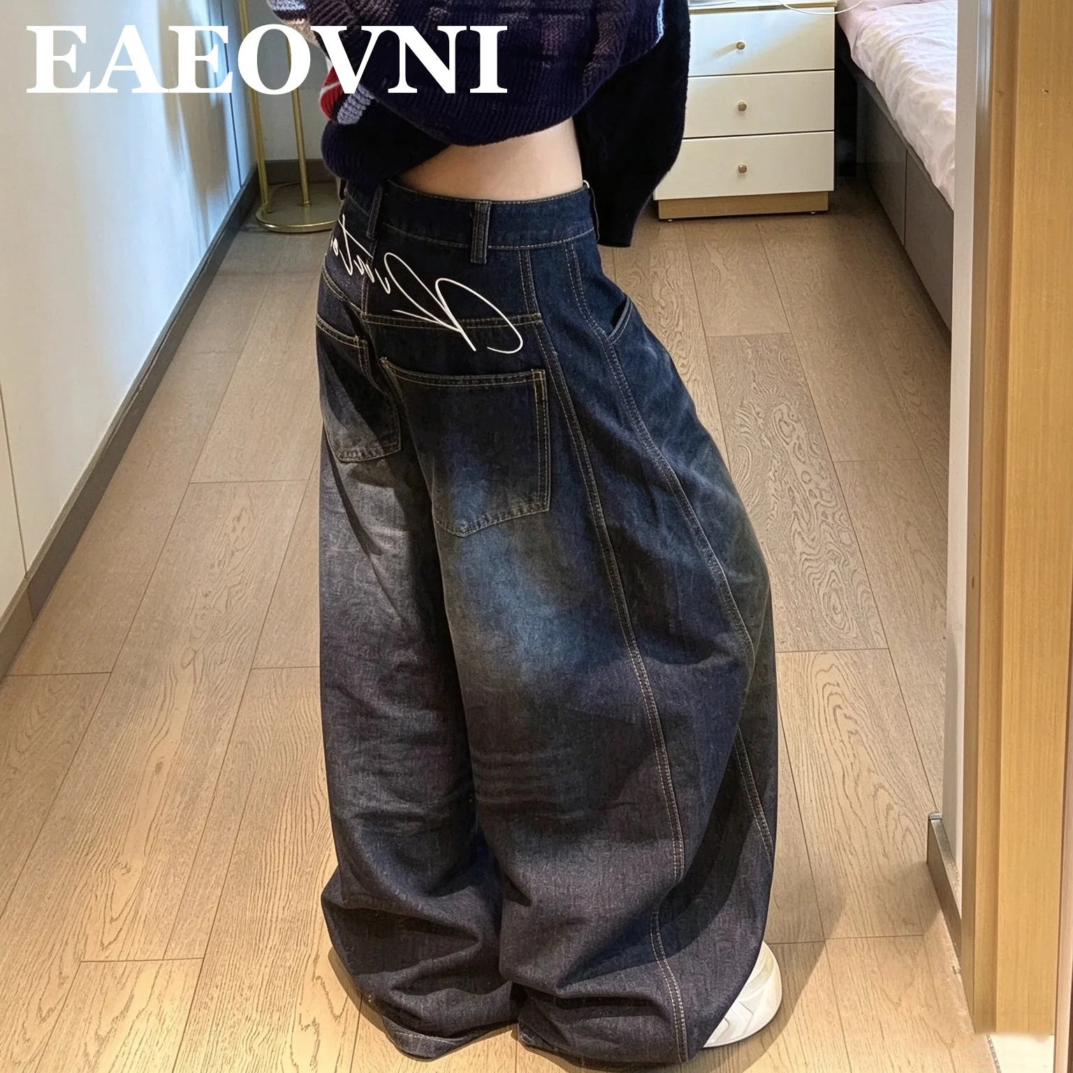 Women Vintage Y2K Blue Washed Cargo Jeans High Street Loose Baggy Wide Leg Oversized Casual Denim Pants Daily Fashion Wear