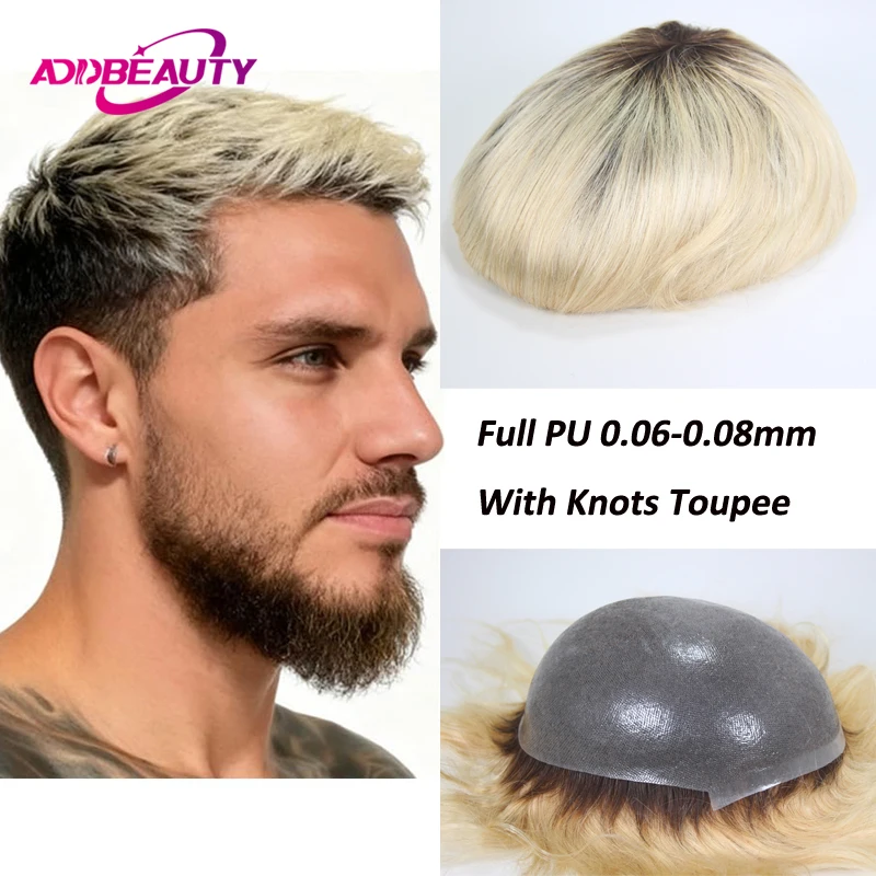 

New Men's Capillary Prothesis Hair Wig Male Toupee With Knots Full PU 0.06-0.08mm Natural Human Hairpiece Ombre Blonde Hairpiece