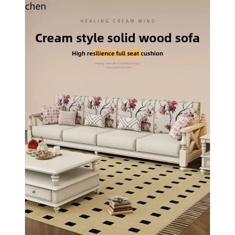 

PYH White Sofa Solid Wood Fabric Retro Country Style Small Apartment Living Room Three-Seater 123 Combination